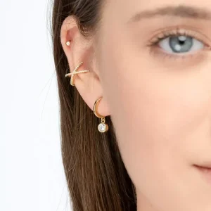 Earcuff Cross CZ, 18 K Gelbgold vergoldet-LEAF New