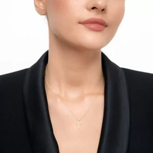 Halskette Kreuz mit Diamanten, 18 Karat Gelbgold-LEAF Fashion