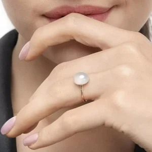 Ring Cabochon II, 14 Karat Rosegold, Sea Blue Chalzedon-LEAF Best