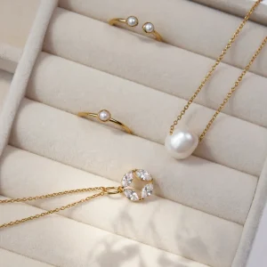 Silber Open Ring, Perle, Gelbgold-LEAF Fashion