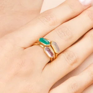 Silber Ring, CUBE, Grüner Achat, Gelbgold-LEAF Online